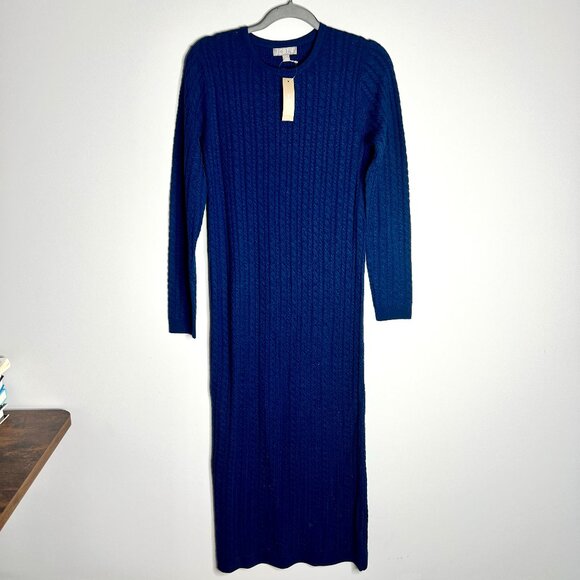 J. Crew Navy Cable-Knit Sweater-Dress 100% Merino Wool Midi Length Sz S NWT - Picture 3 of 7